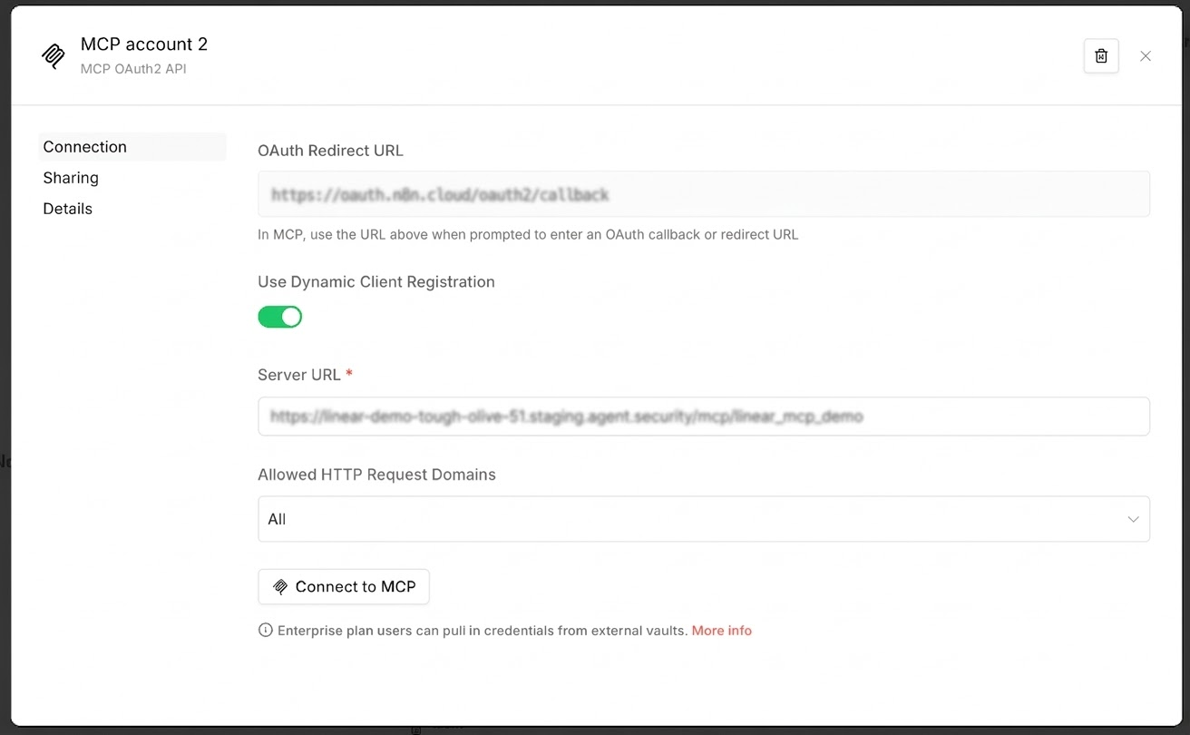Create New Credential modal with MCP endpoint URL