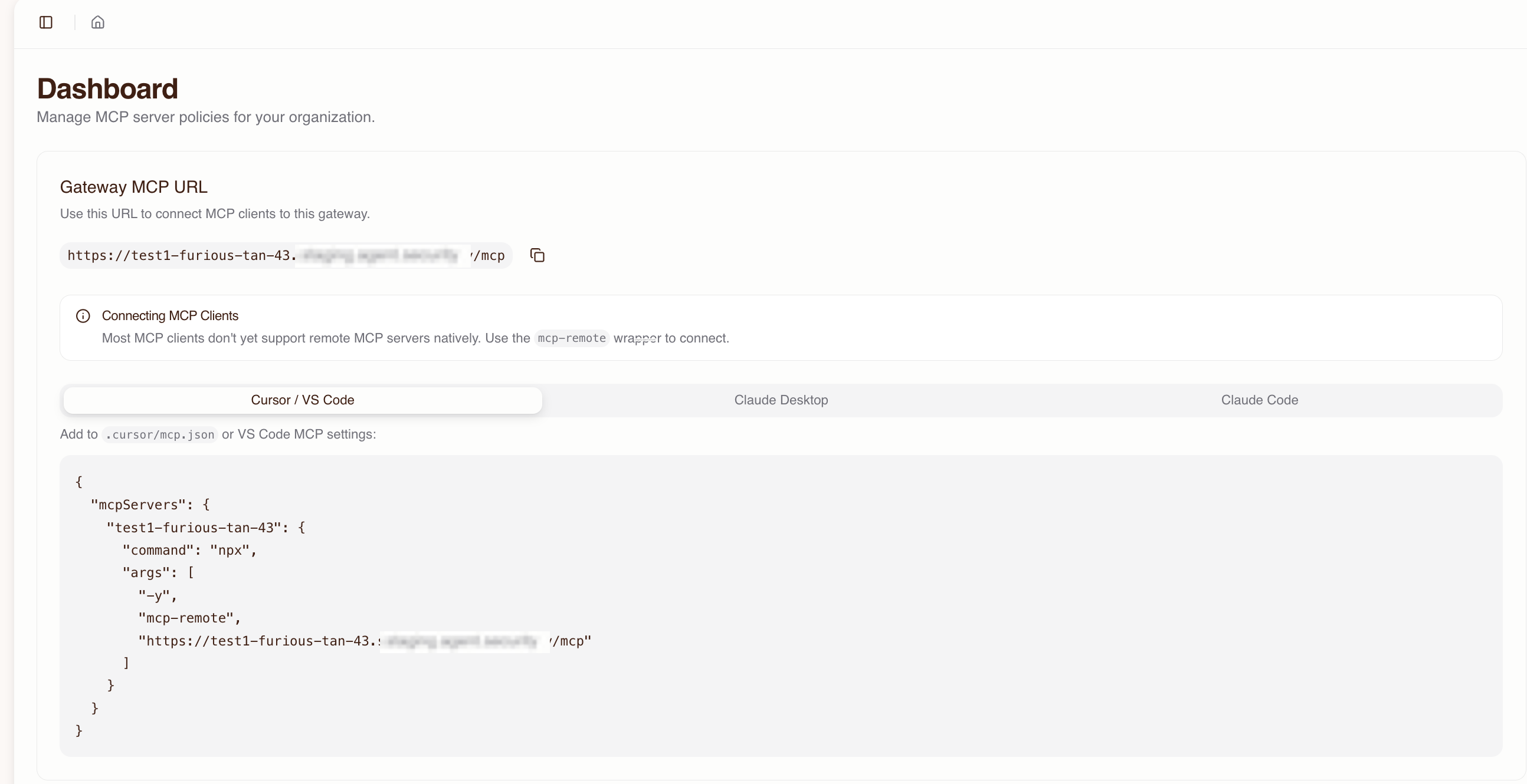 Dashboard with Gateway MCP URL and client configuration snippets