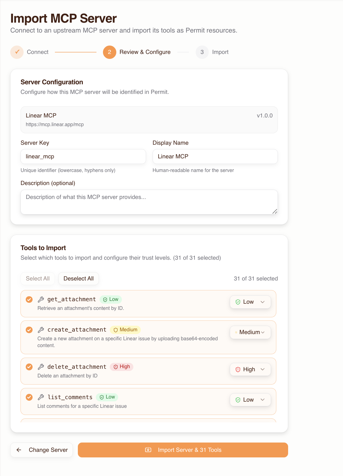 Import MCP Server — review tools and trust levels